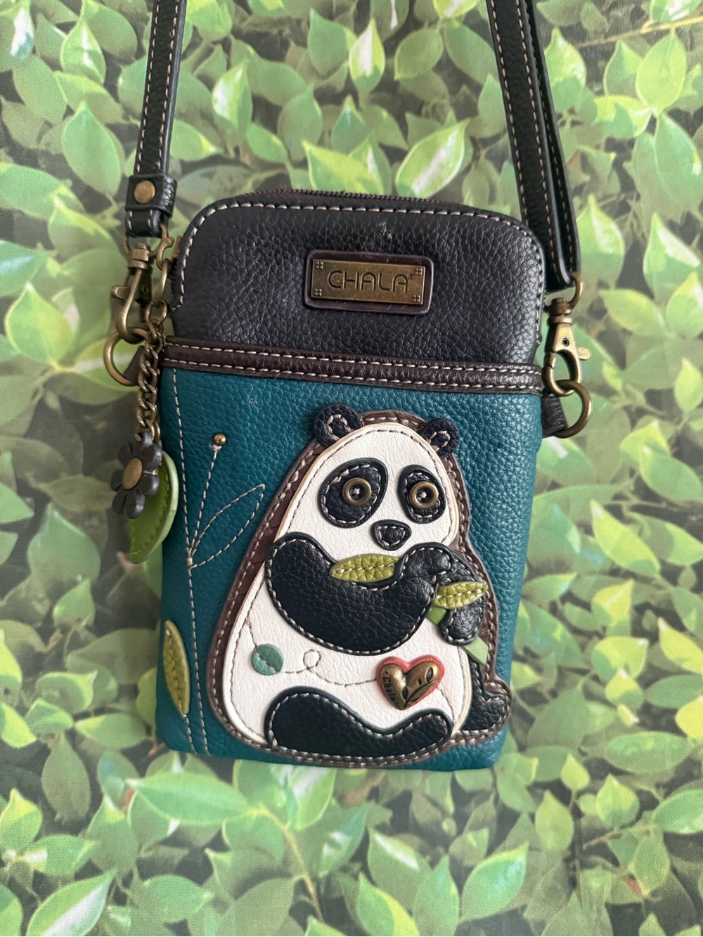 Chala Teal Panda Crossbody Bag with Black and White Appliqué